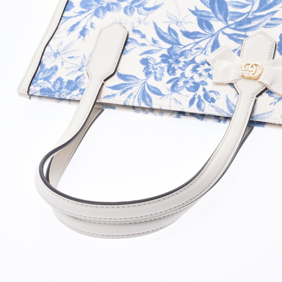 Gucci Herbarium Flower White Blue Canvas Calf Tote Bag - Picture 3 of 9